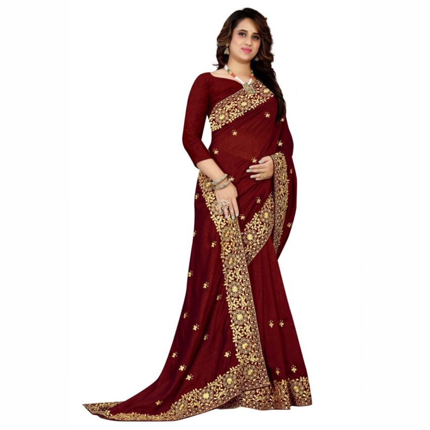 Look Royal, Feel Royal – as you drape the Royal Burgundy Vichitra Tussar Embroidered Saree by Laranya Lavanya
